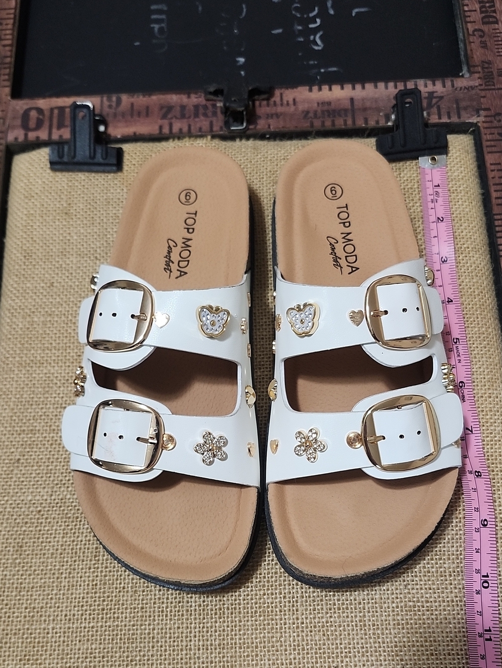 TOP Moda White Studded Sandals with Gold Hearts, Butterflies And Flower Accents